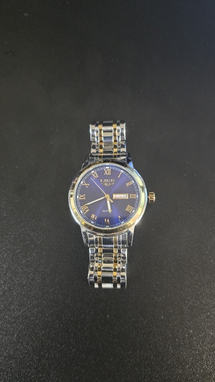 Lige Mens Two Tone Stainless Steel Luxury Watch With Blue Dial EUC!